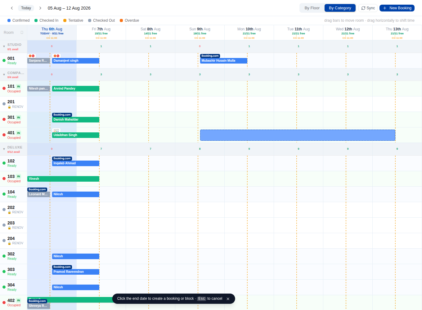 Two-click range selection showing the check-in to check-out preview bar