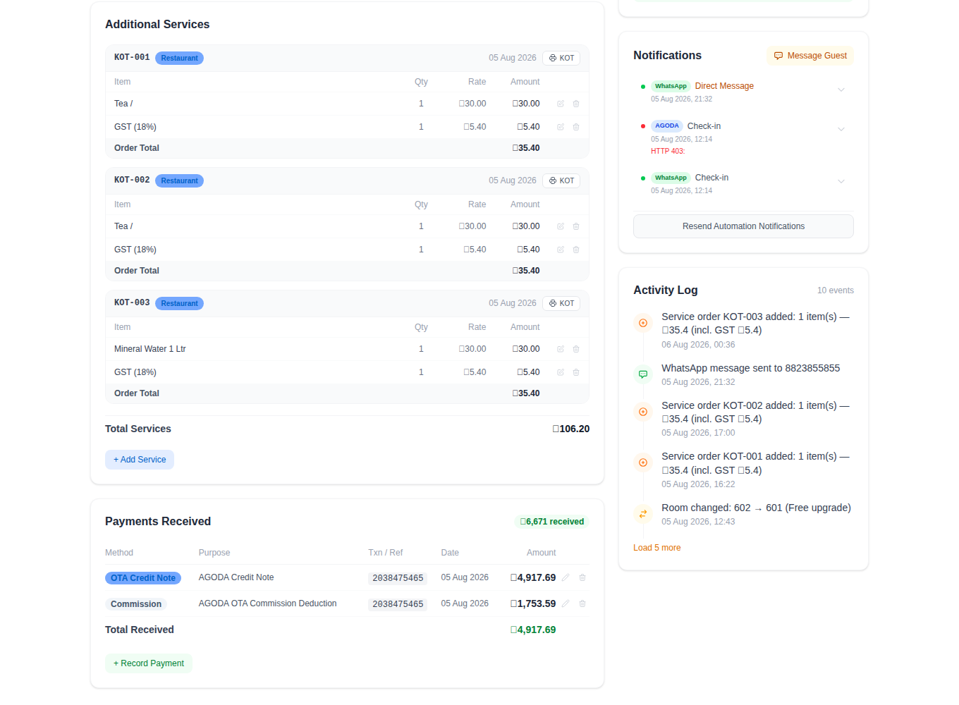 Payments and POS charges on a folio