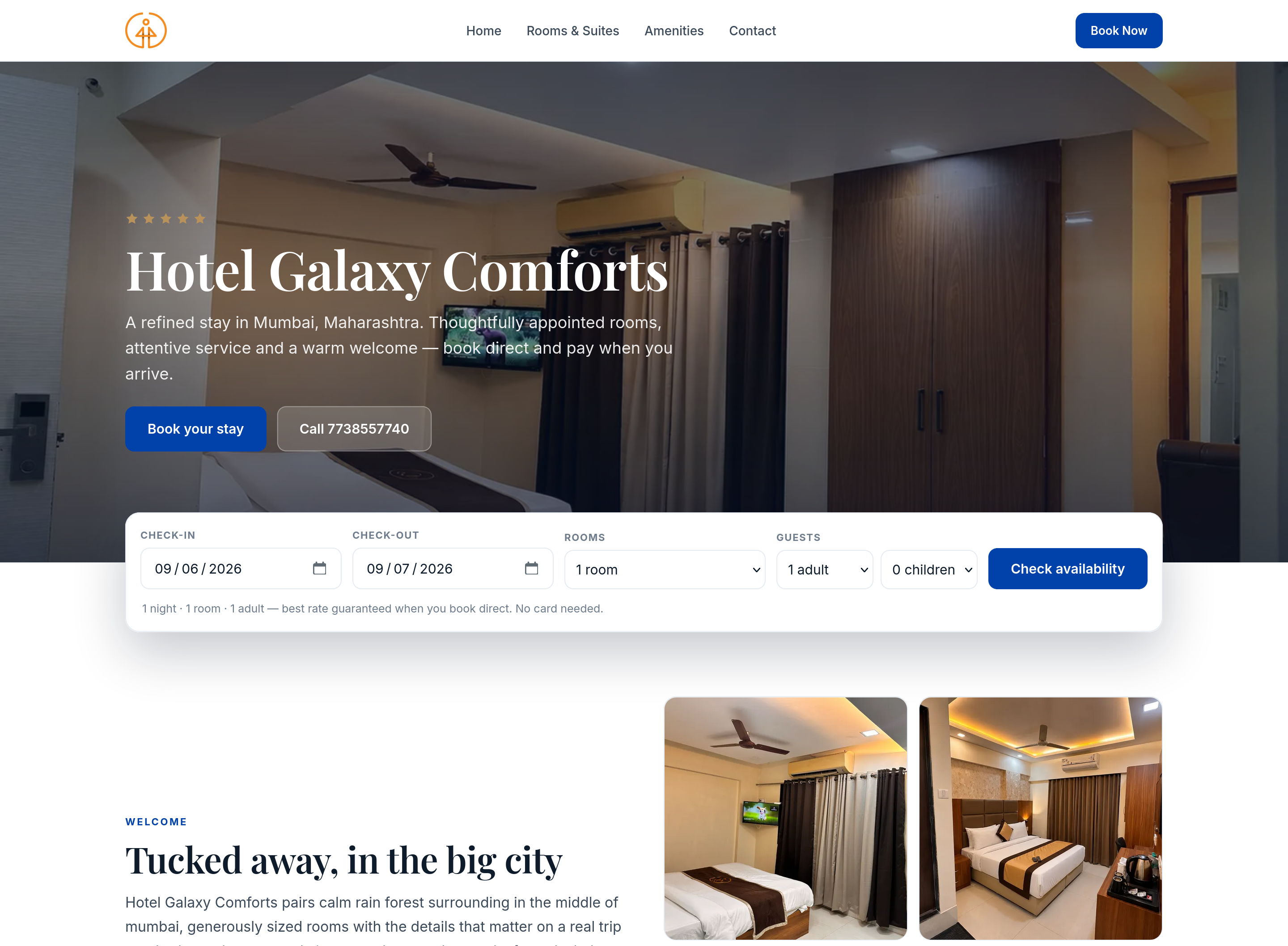 A live Galaxy-built hotel website — hotel branding, hero photo, room photos and a book-direct availability search, generated automatically from HMS