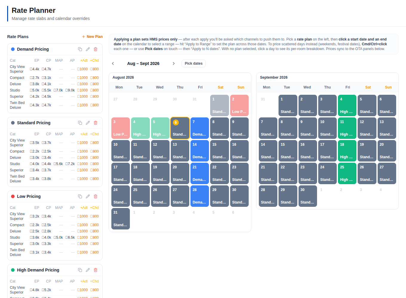 Rate plan calendar / rates screen